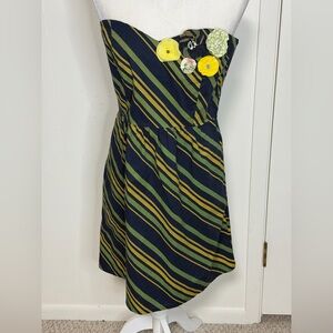 Judith March Blue Yellow Striped Strapless Dress with floral size L